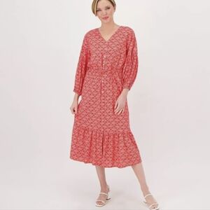 Candace Cameron Bure Red and White Tie Waist Button Down Long Sleeve Midi Dress